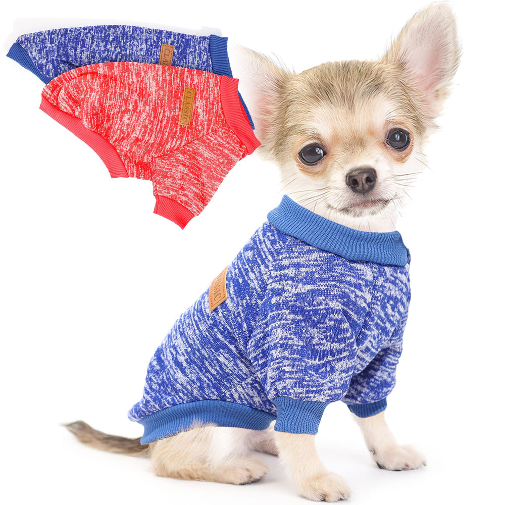 Two-piece dog sweaters for small dogs front view showing warm knit for winter walks