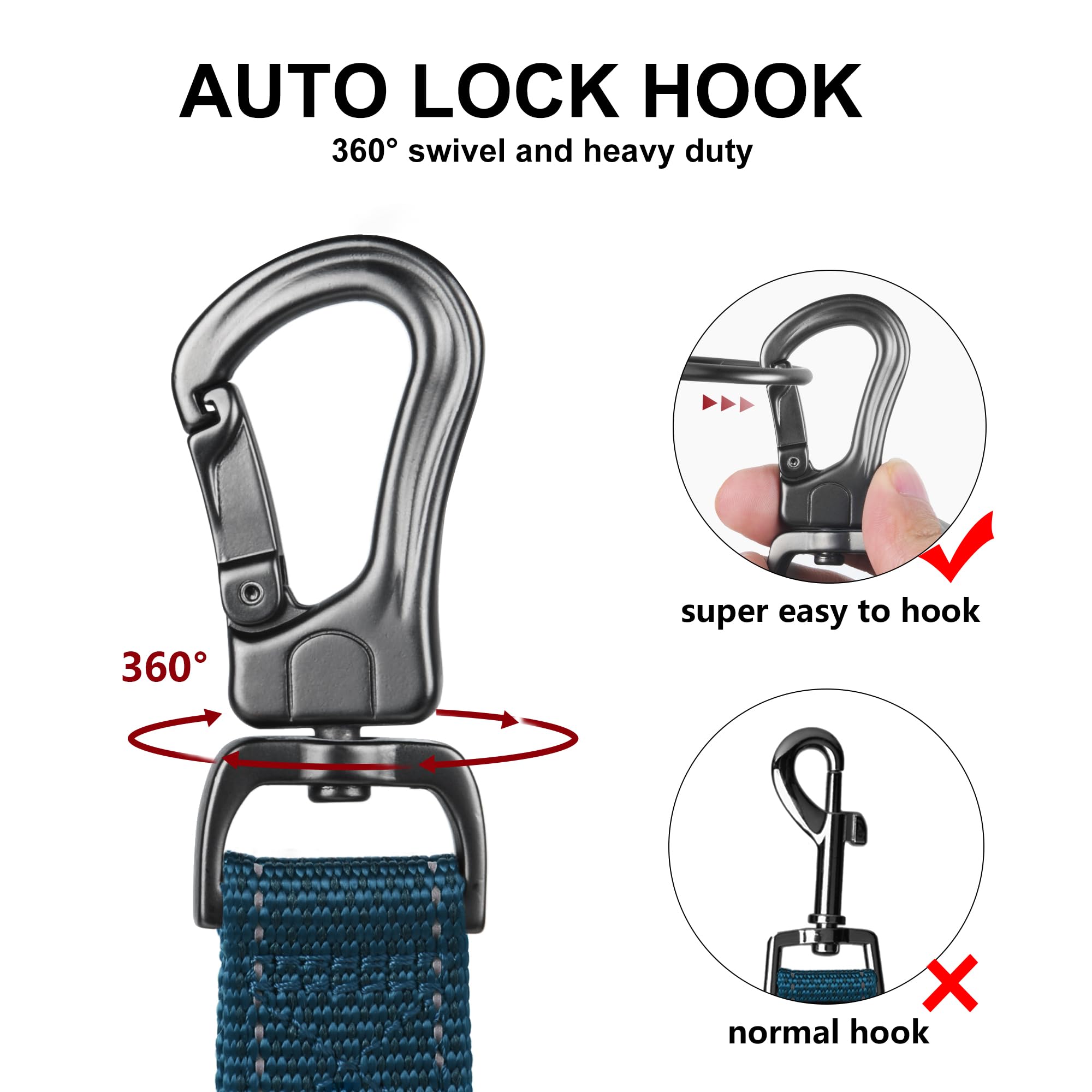 TwoEar 6FT blue leash with auto lock hook to prevent tangling during attachment