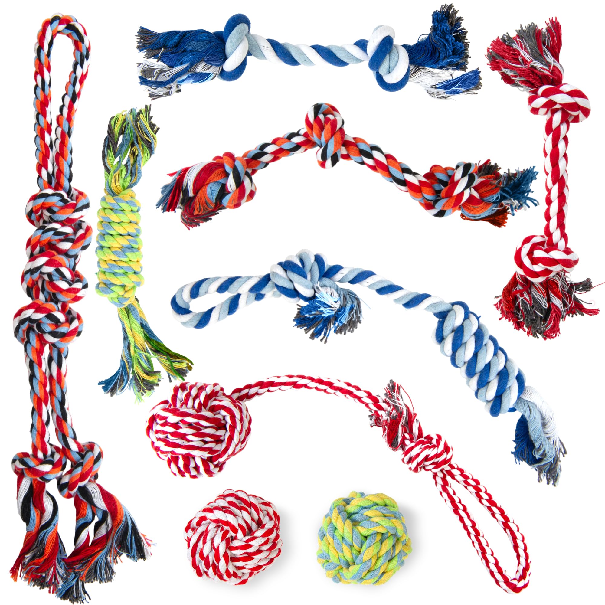 TwoEar dog rope toy 9-pack assorted-teething promotes soothing gums during teething.