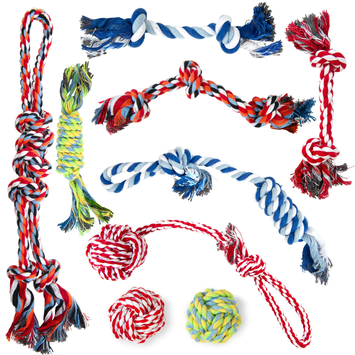 TwoEar dog rope toy 9-pack assorted-teething promotes soothing gums during teething.