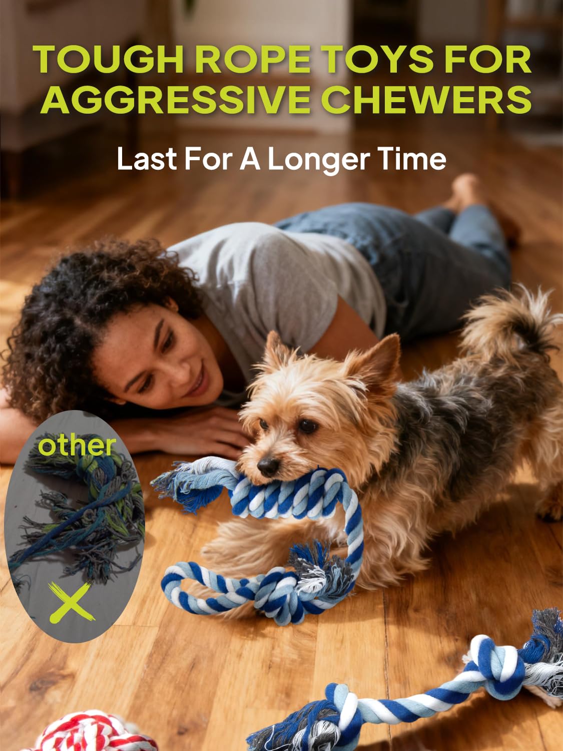 TwoEar dog rope toy 9-pack small-medium-dogs highlights suitability for smaller breeds.