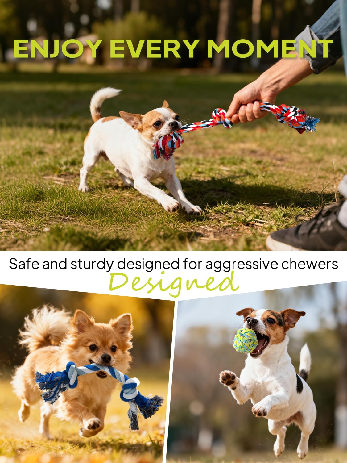 TwoEar dog rope toy 9-pack teeth-cleaning-action illustrates dental-friendly chewing.