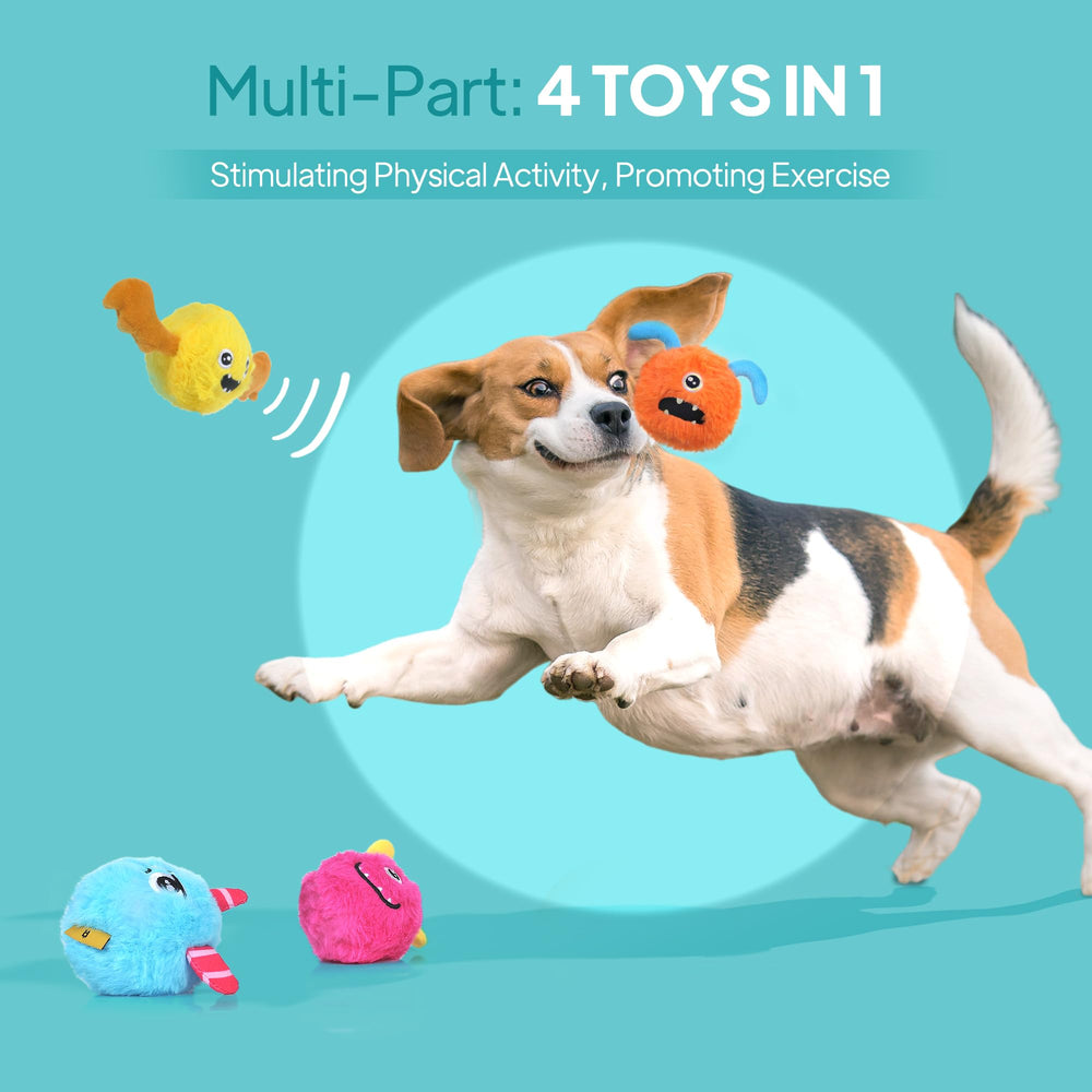TwoEar Squeaky Balls dog toy showing four designs for varied fun.