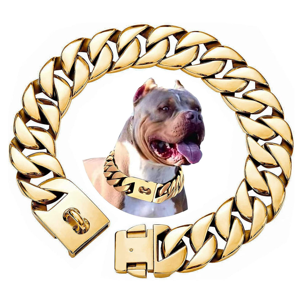 txprodogchains 32mm Cuban link collar closeup shows rugged durability for large dogs.