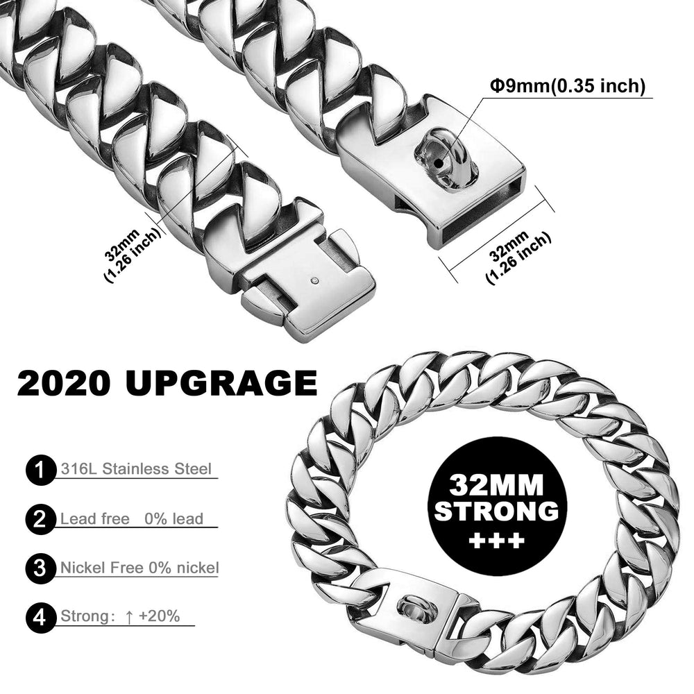 txprodogchains stainless steel 32mm Cuban link closeup highlighting chew resistance and durability