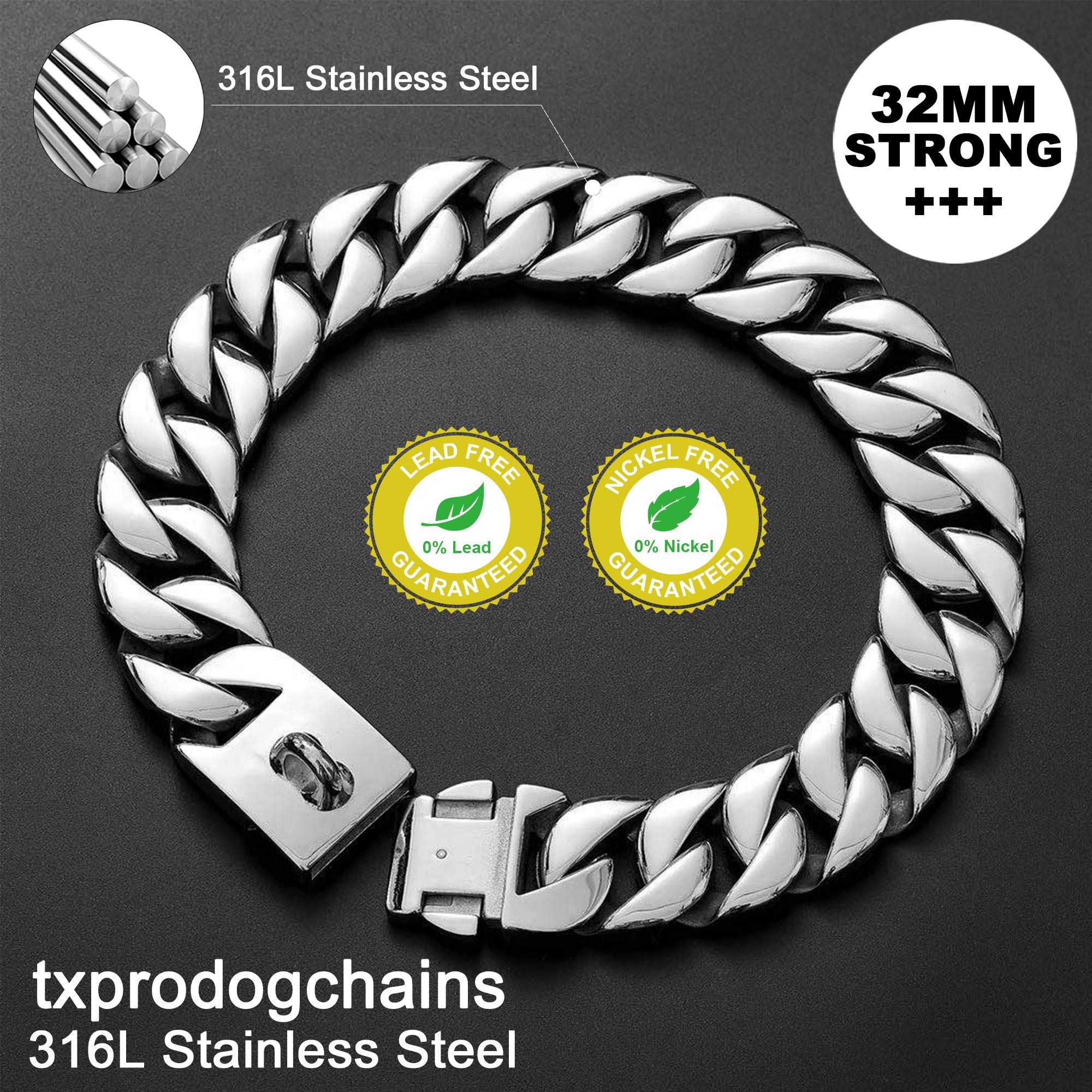txprodogchains stainless steel chew-proof dog collar emphasizes rust resistance and long-lasting shine.