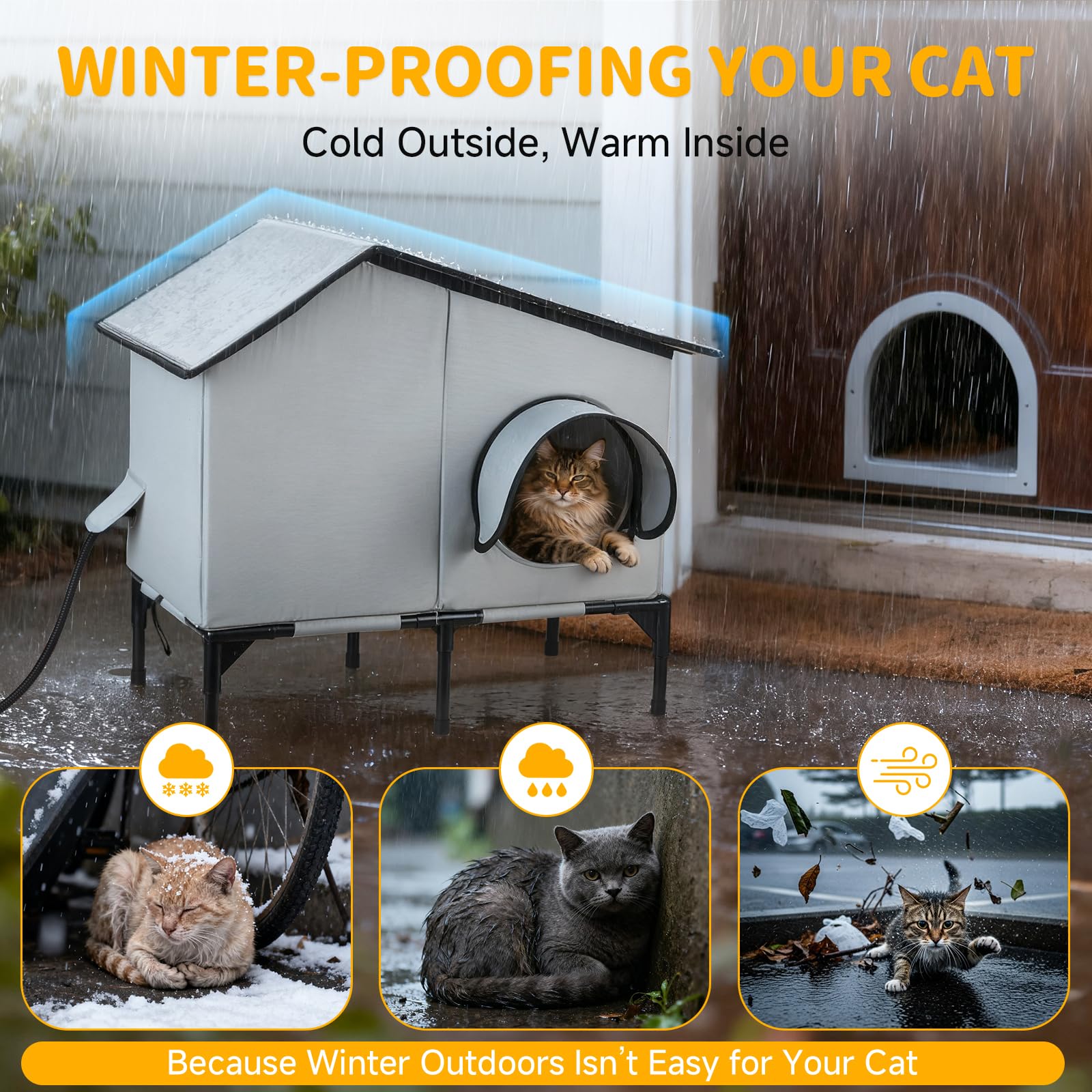 Txunocy cat house elevated design keeps cats dry on wet ground.