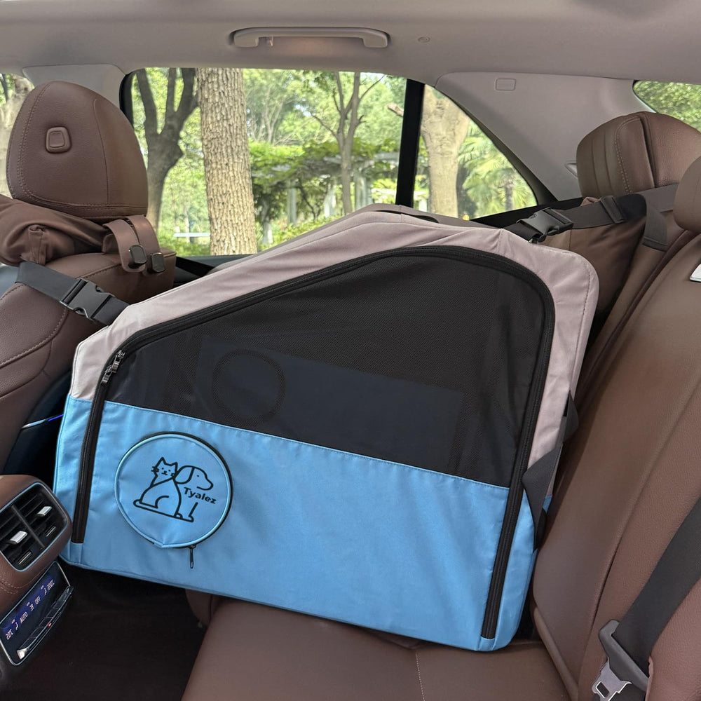 Tyalez large portable pet crate front view with seatbelt integration for secure car travel.