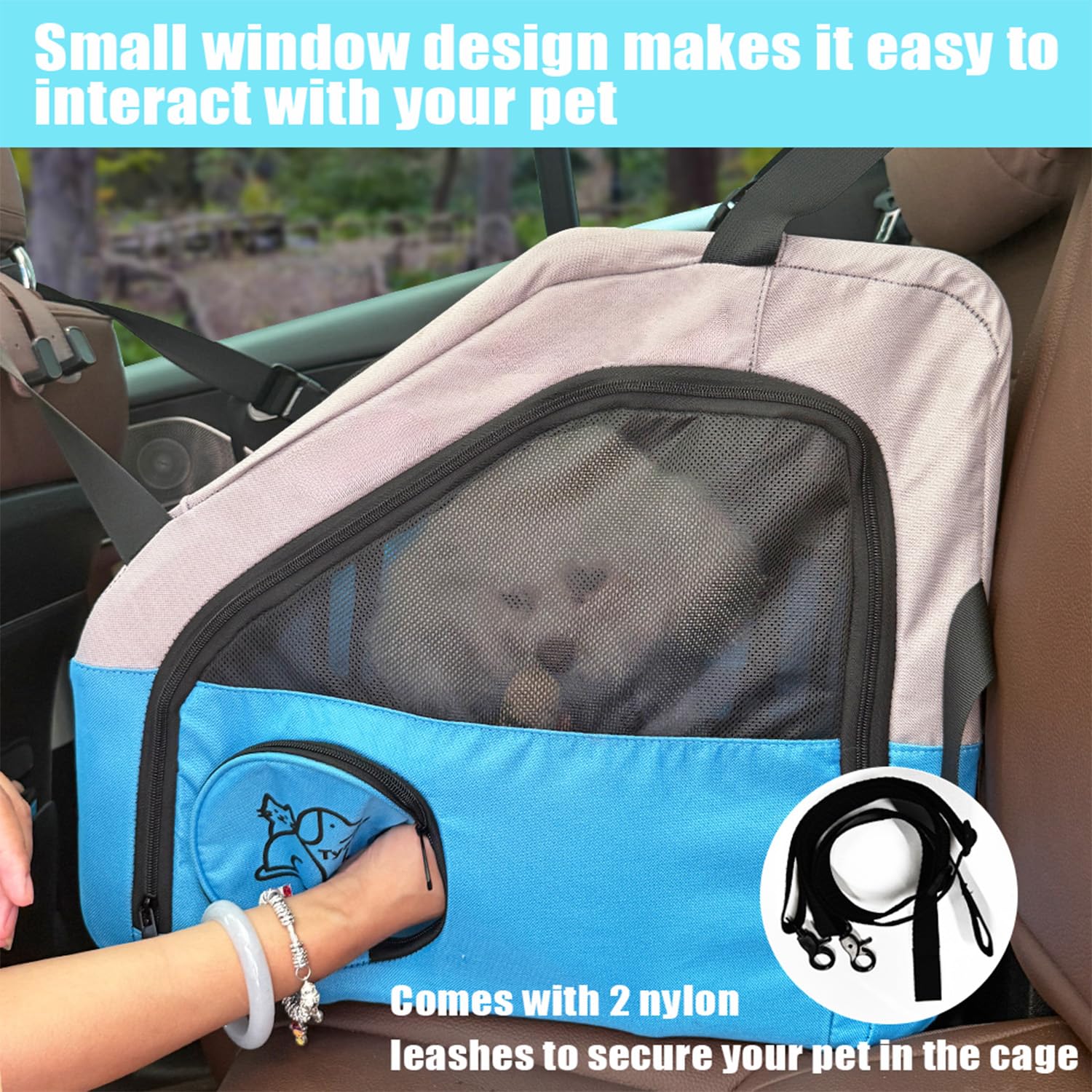 Tyalez crate seatbelt strap demonstrates stable travel setup.