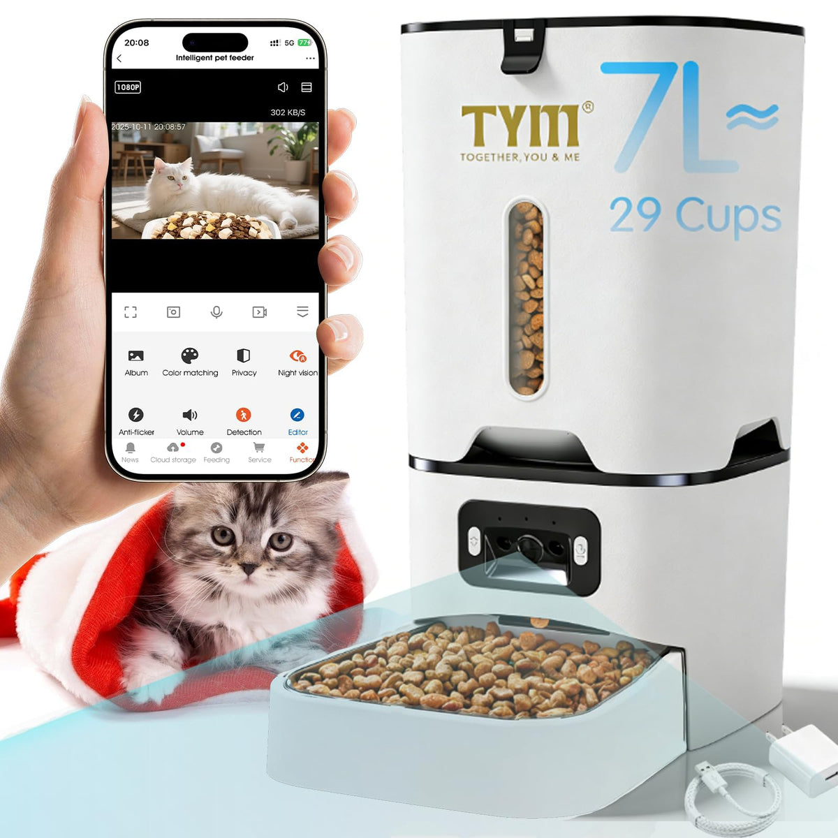 TYM automatic cat feeder front view for remote monitoring