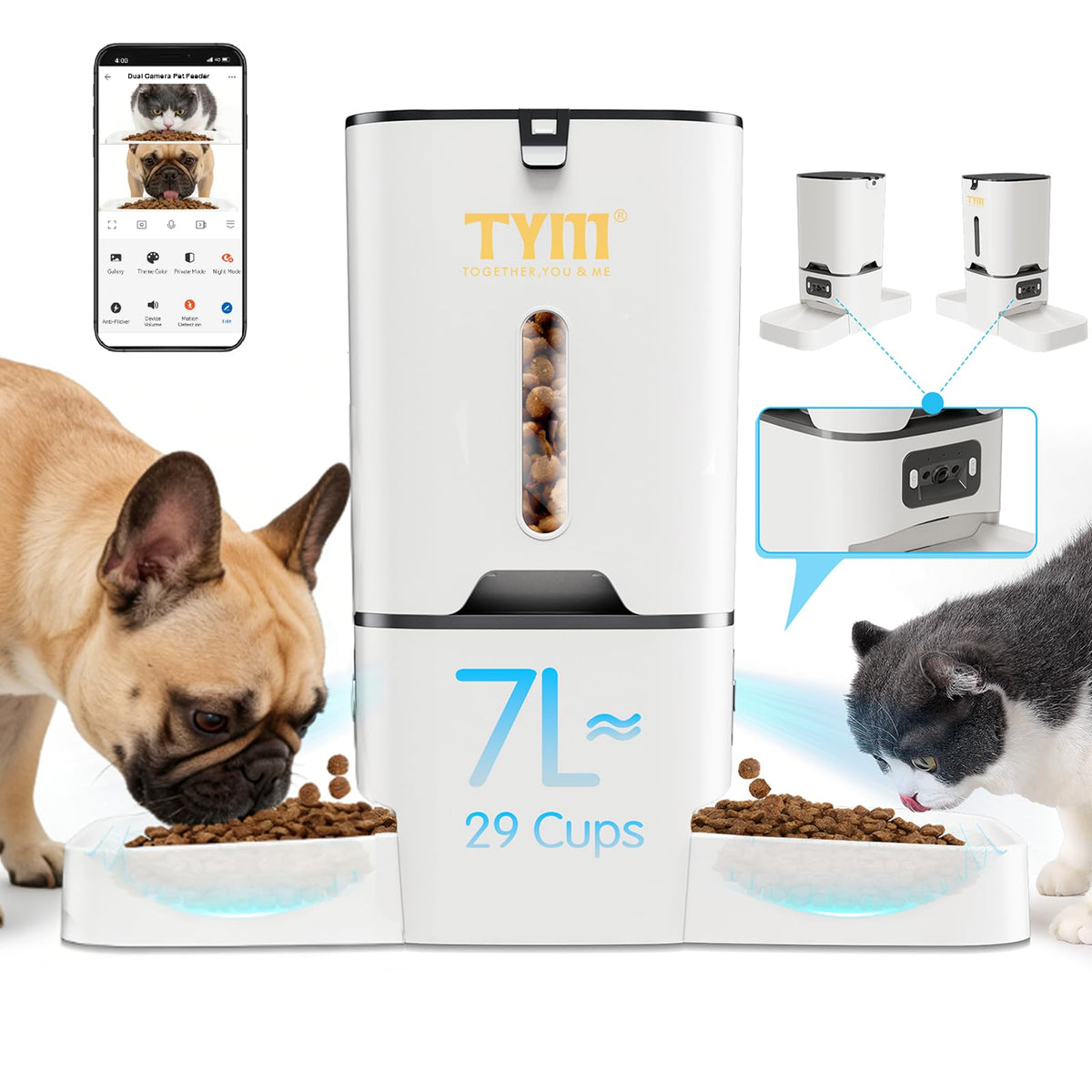 TYM automatic cat feeder front view with dual cameras for remote monitoring