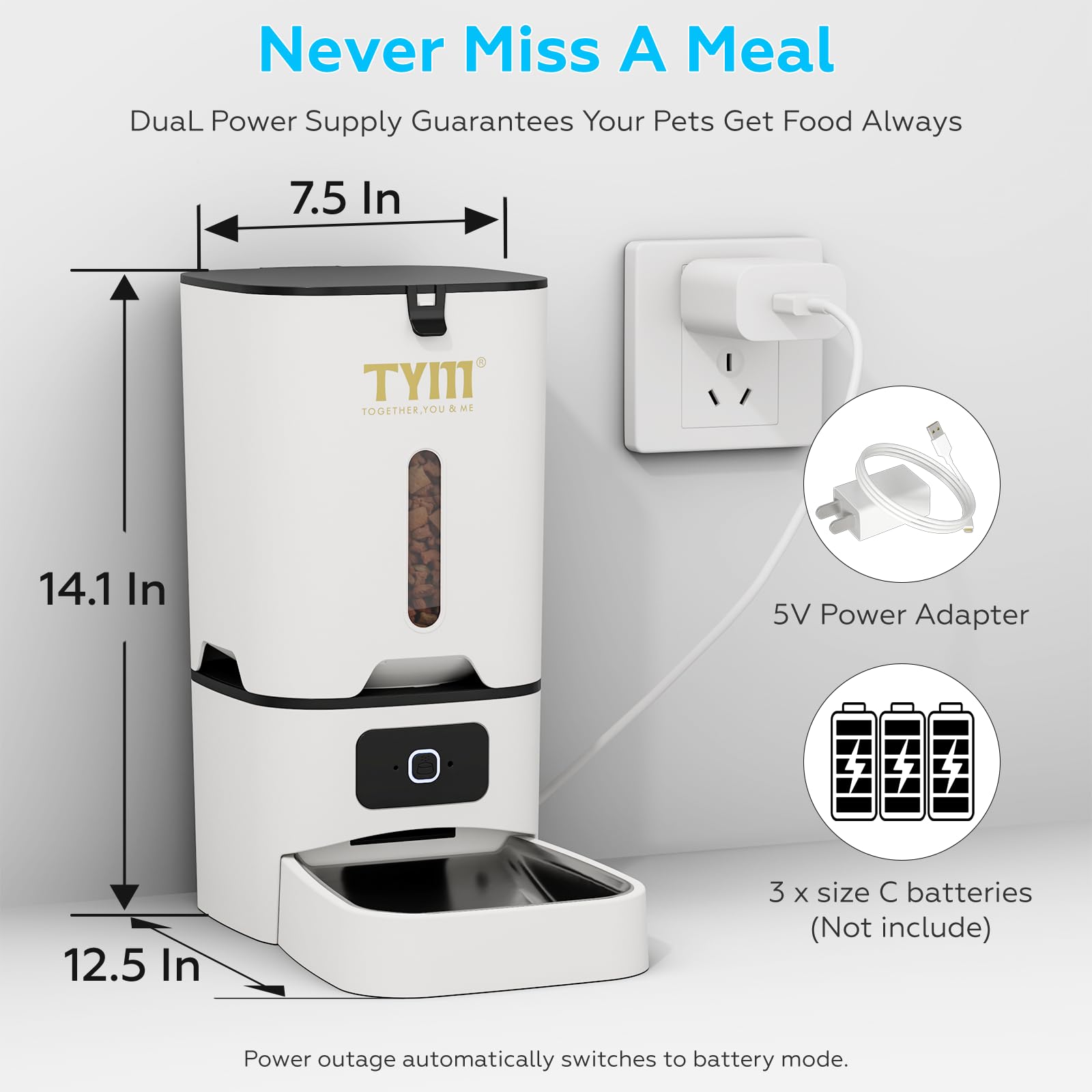 TYM stainless steel bowl tilted for a comfortable feeding position