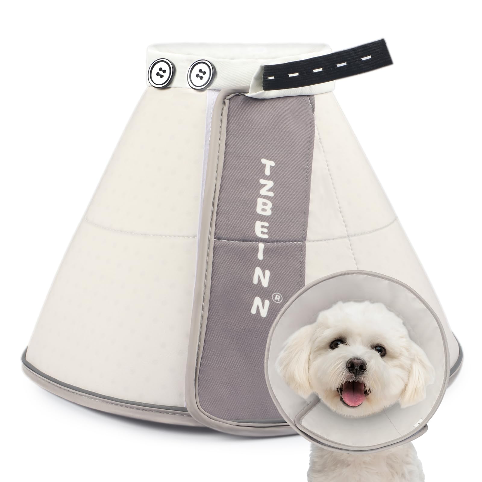 TZBEINN soft dog cone outer view with adjustable drawstring for secure fit.