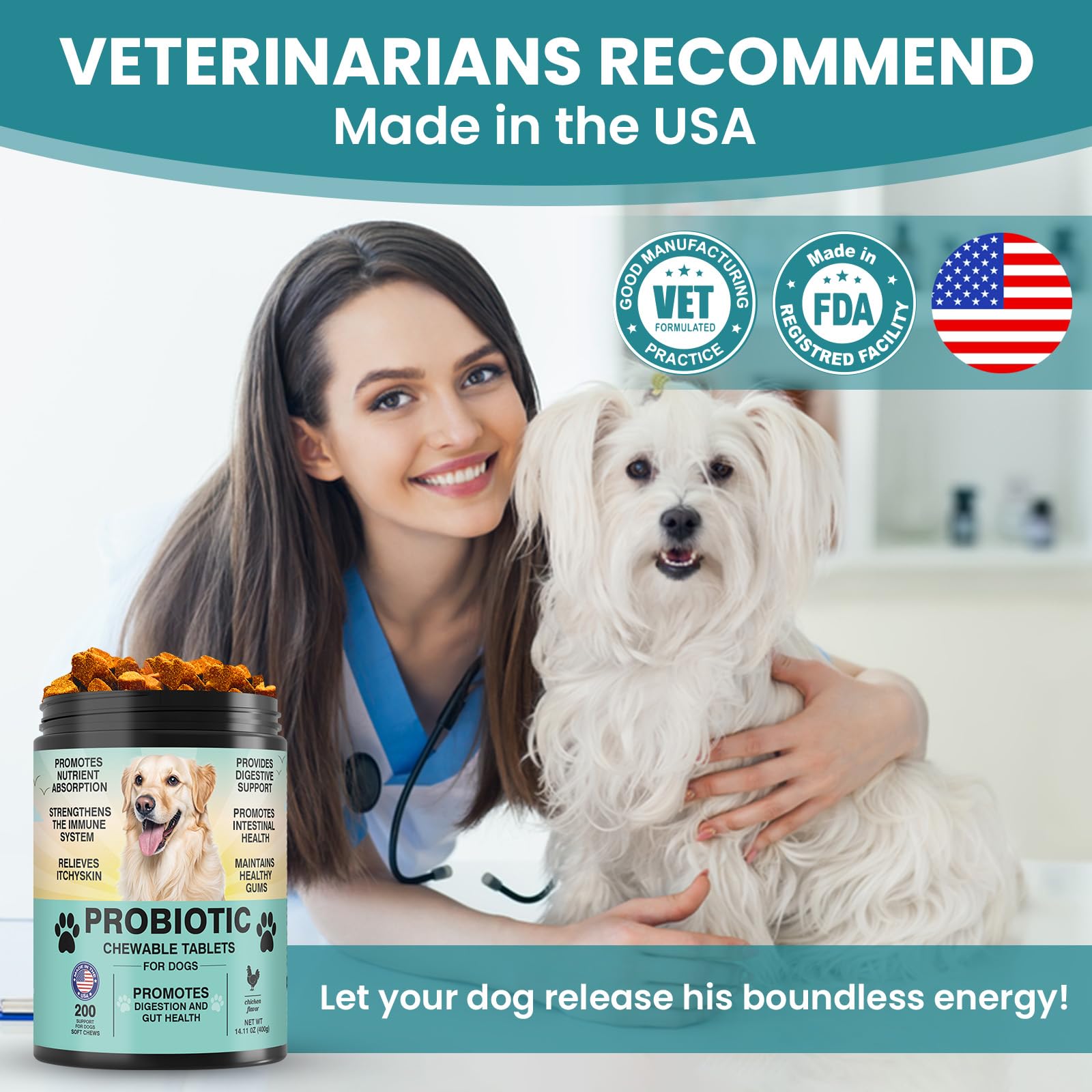 TzzyiC USA-made label indicating safe, veterinarian-recommended production.