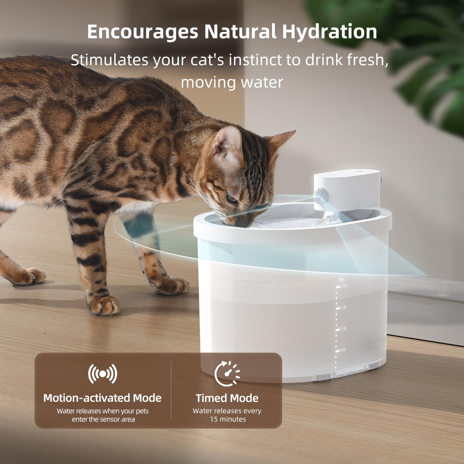 uahpet cat water fountain tray shows 200ml capacity and wide opening for easy drinking.