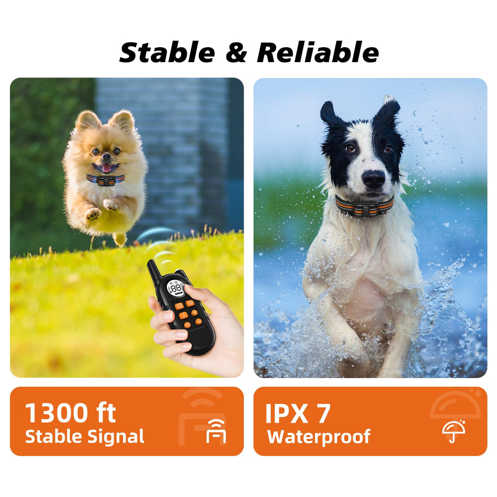 UbaNinva tiniest dog shock collar in-use in yard illustrating 1300ft range