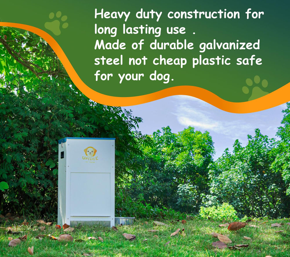 UFelice dog feeder weatherproof-design protects kibble in rain or sun.