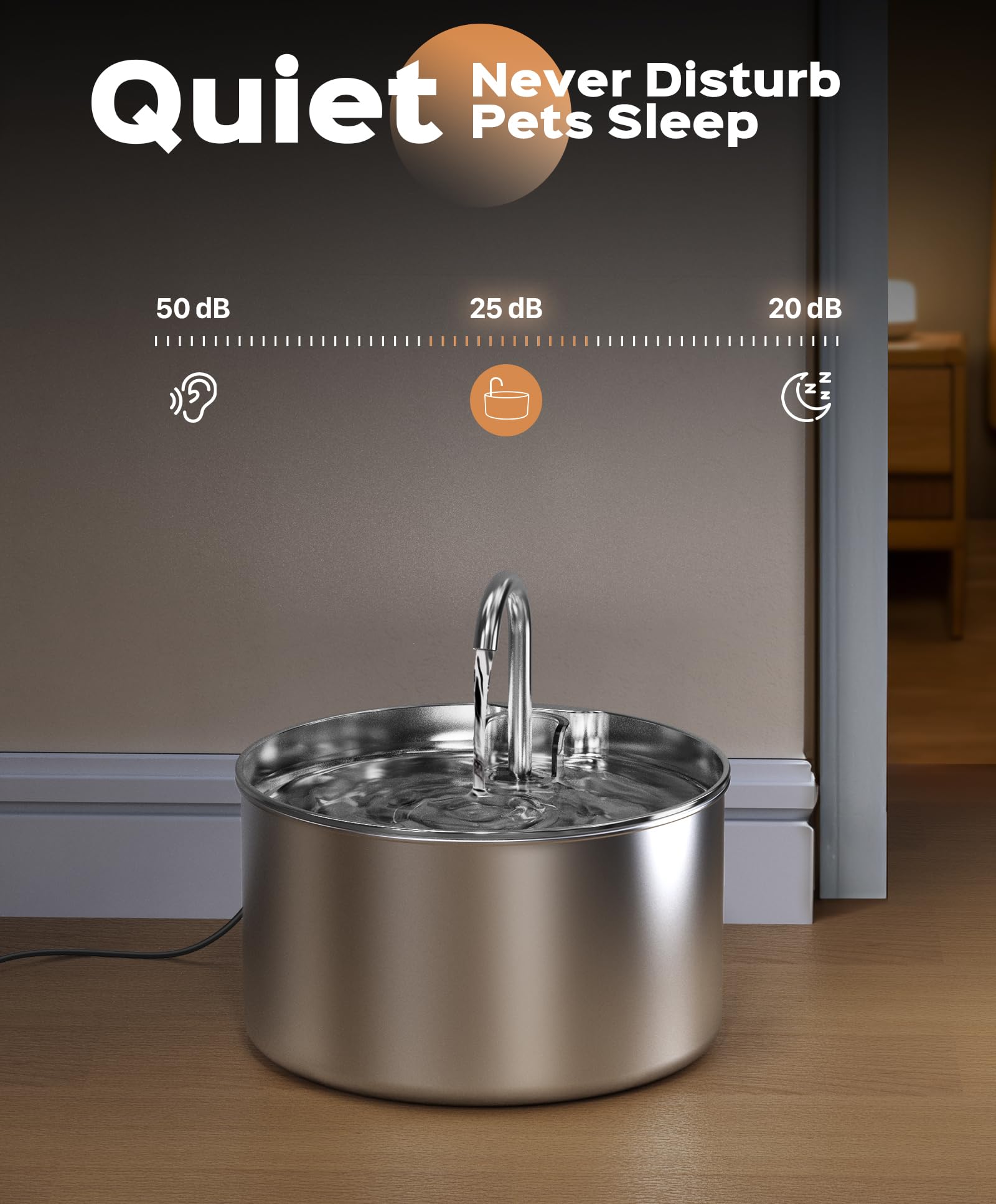 UIOOQ stainless steel fountain pump close-up demonstrates quiet operation