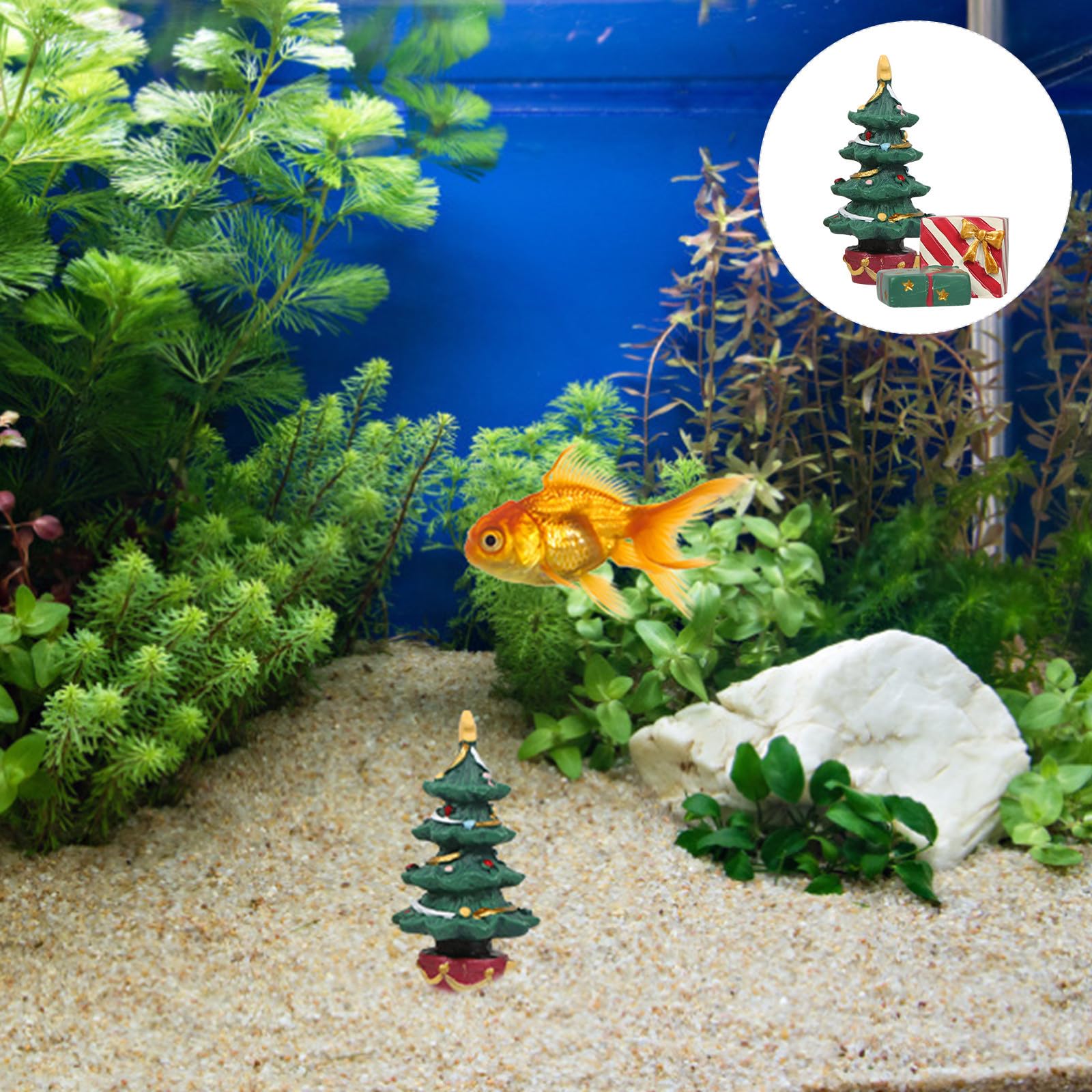 UKCOCO Christmas Tree Aquarium Decorations bright present boxes enhance a small tank scene.
