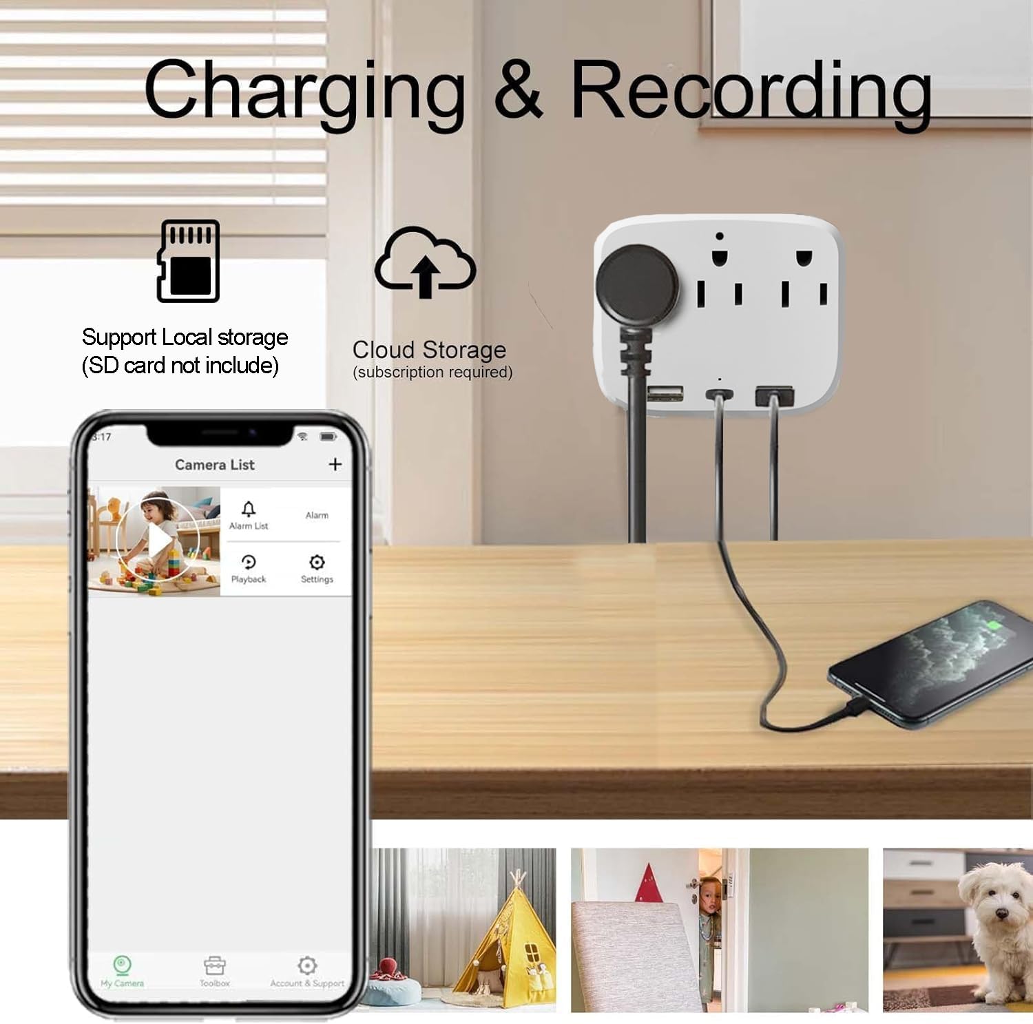 ULar 4K outlet camera wall charger demonstrates integrated charging while watching remotely