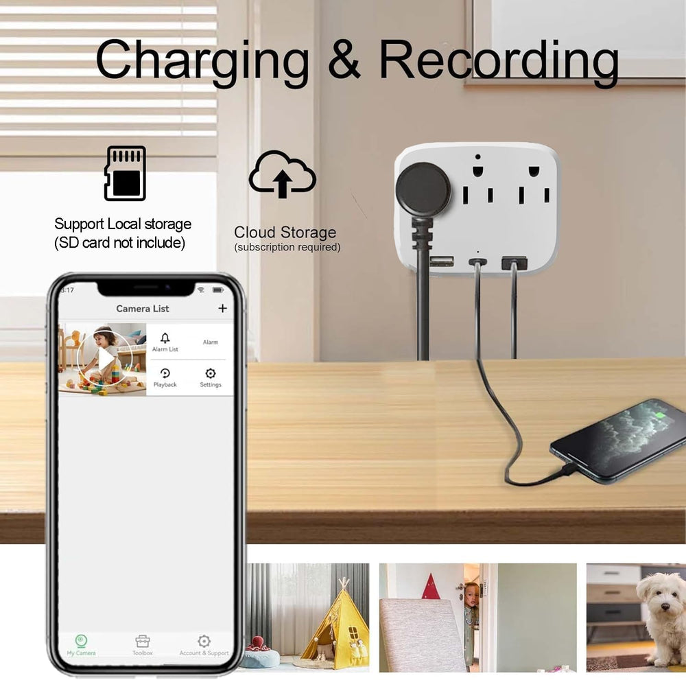 ULar 4K outlet camera wall charger demonstrates integrated charging while watching remotely