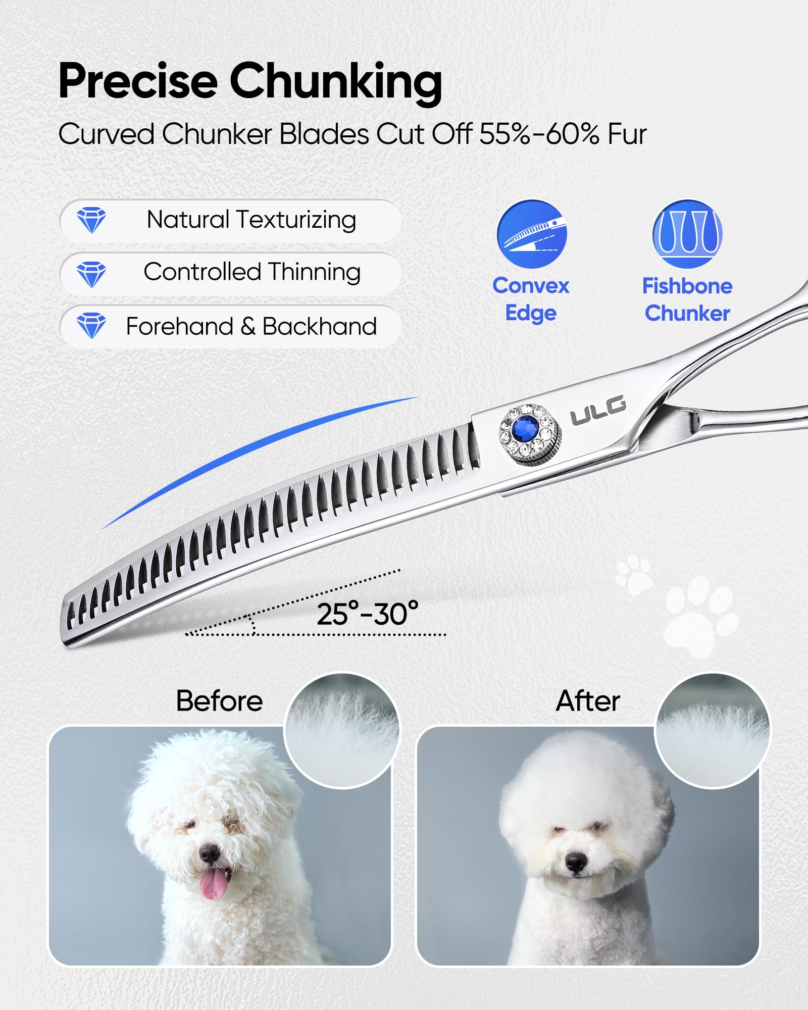 ULG 7.0 curved dog grooming shears thinning area detail for natural look