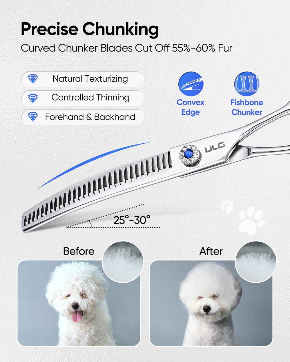 ULG 7.0 curved dog grooming shears thinning area detail for natural look