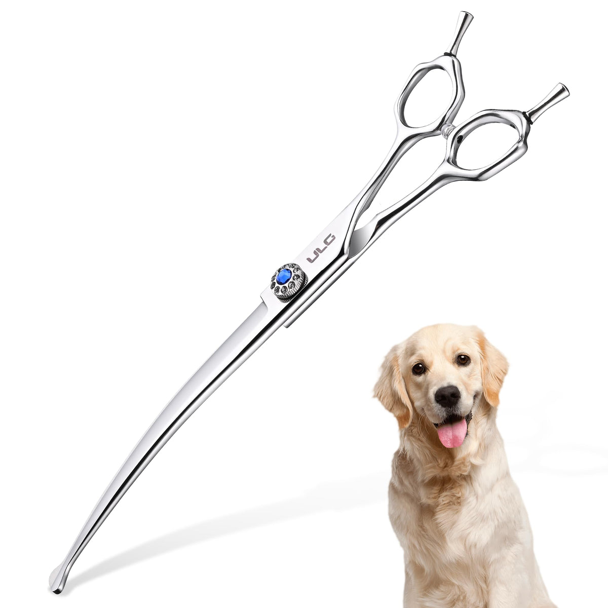 ULG curved dog shears 7-inch blade close-up for precise trimming.