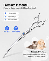 ULG curved dog shears shown with adjustable pivot for customized tension during grooming.