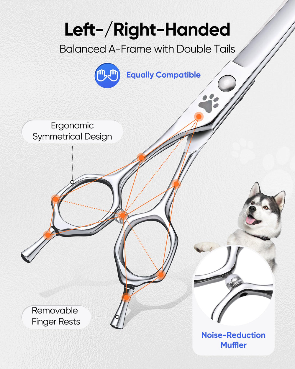 ULG curved dog shears pictured in hand emphasize lightweight ergonomic grip.