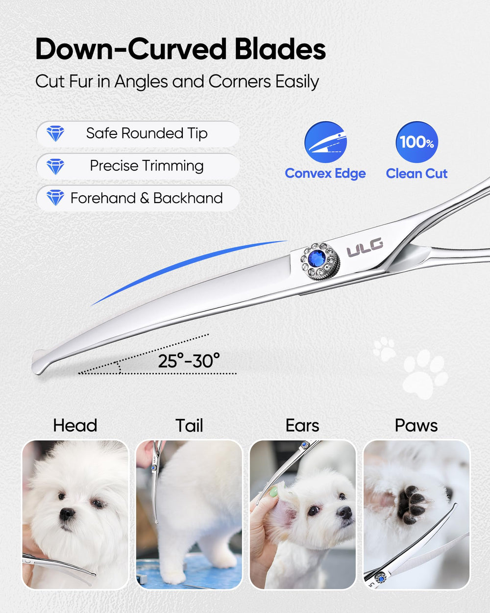ULG curved dog shears featuring a noise-damp pad reduces pet stress.