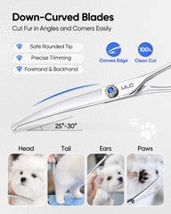 ULG curved dog shears featuring a noise-damp pad reduces pet stress.