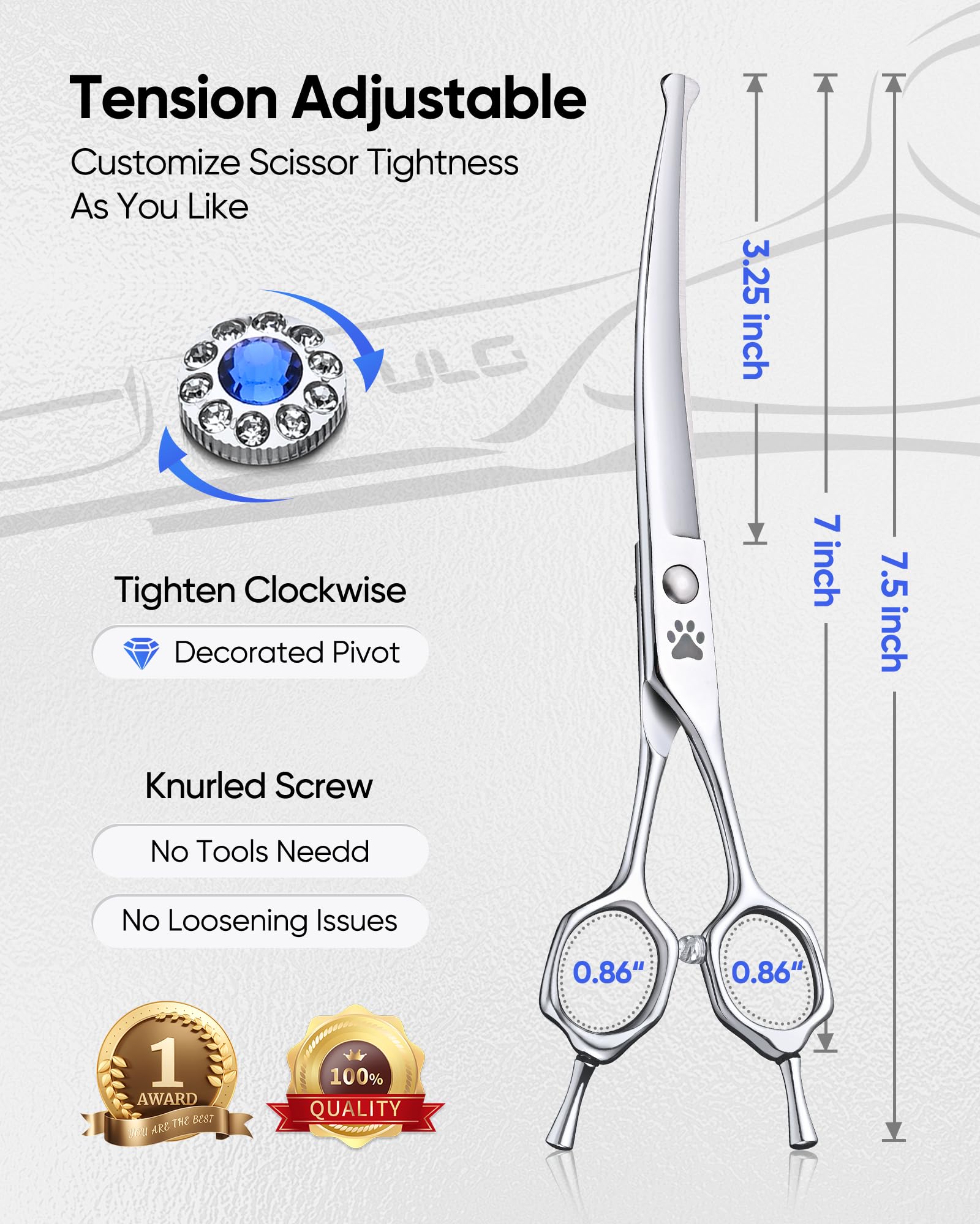 ULG curved dog shears with rounded tip protect eyes and ears during trimming.