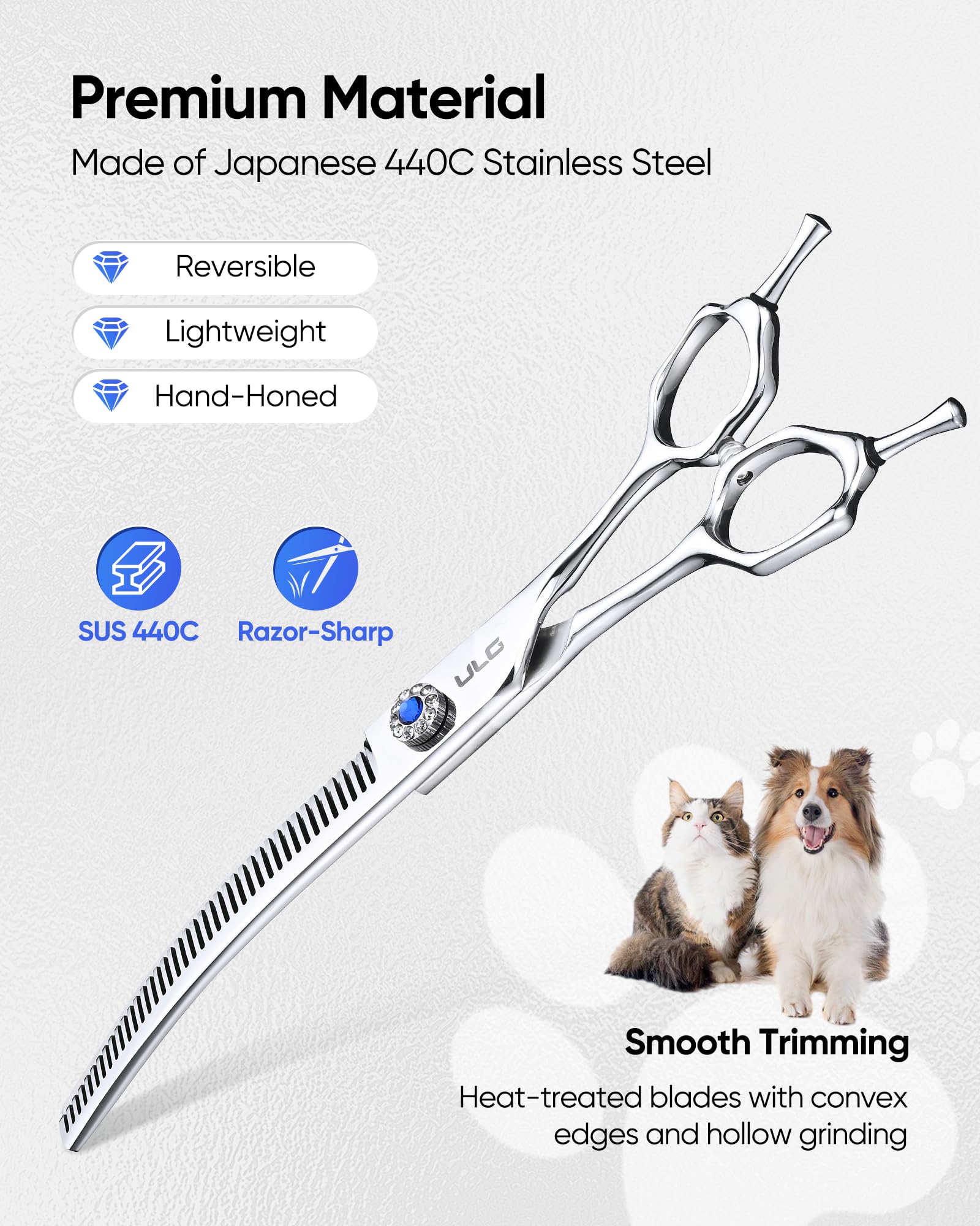 ULG dog grooming scissors 40-tooth close-up demonstrates natural thinning for delicate areas