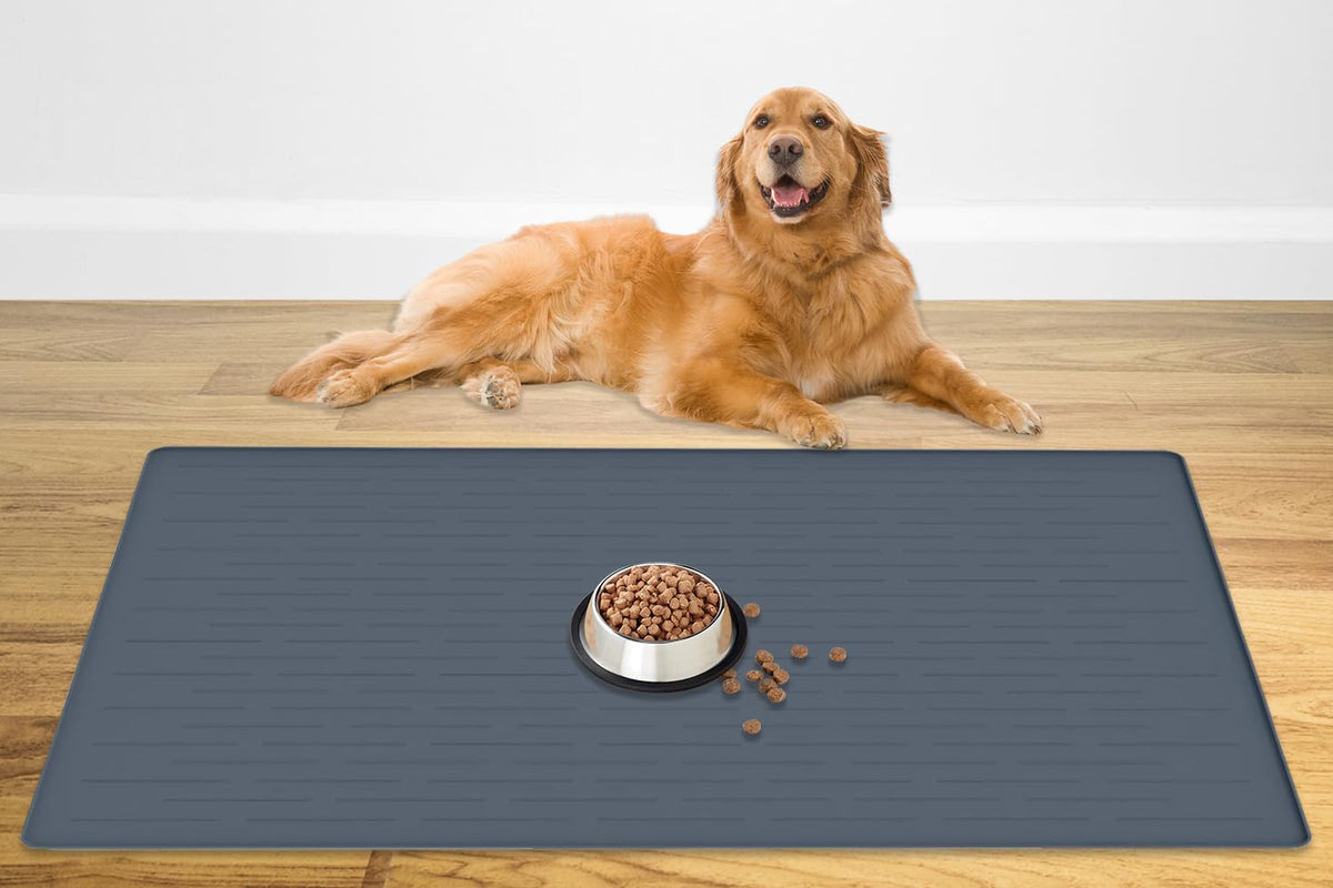 Ultibe largest pet food mat 48x32 gray-blue keeps spills contained during large mealtimes.