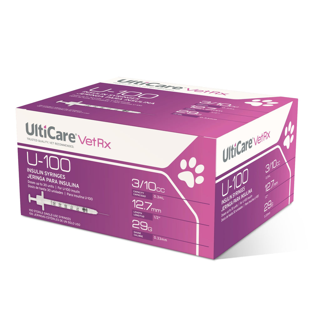 UltiCare VetRx U-100 box with 100 syringes for precise pet insulin dosing.