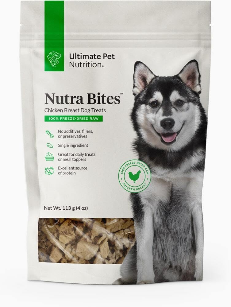 Ultimate Pet Nutrition Nutra Bites freeze-dried chicken breast tray shows pure single-ingredient nutrition for training rewards.