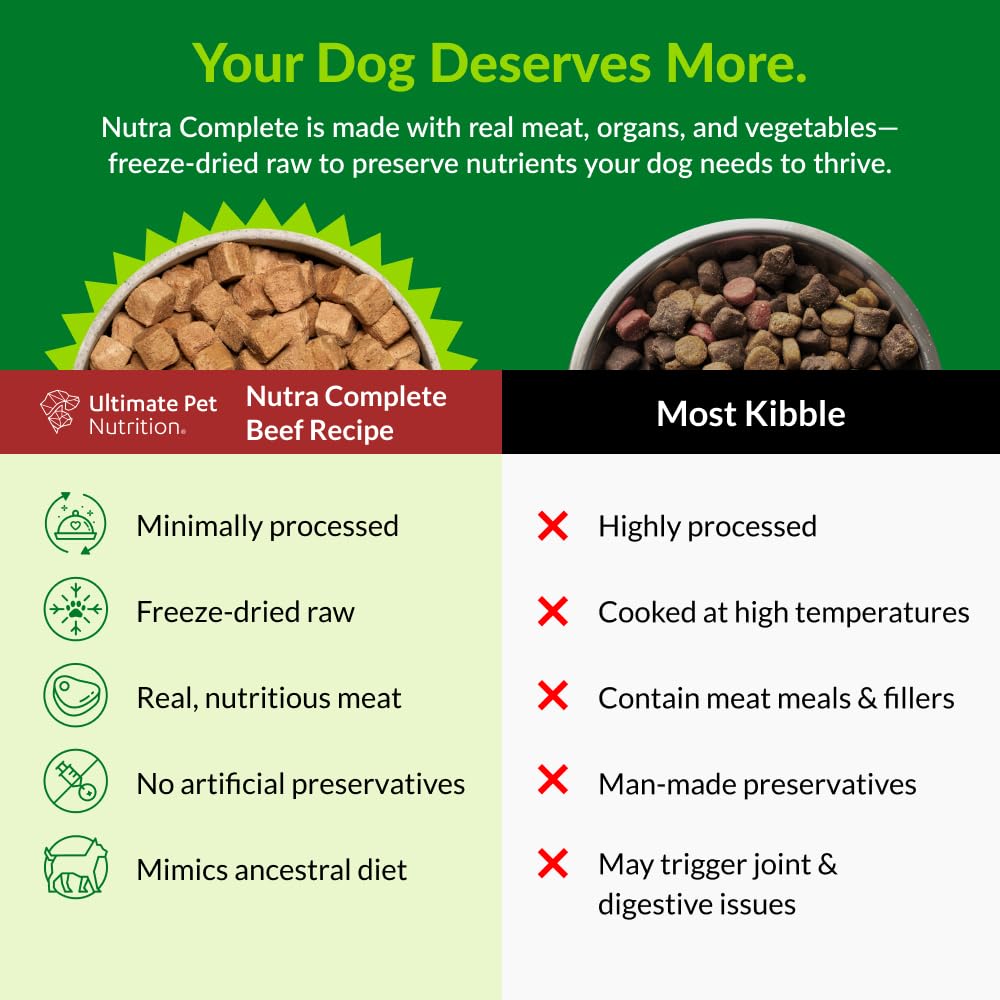 Ultimate Pet Nutrition Nutra Complete beef and organs mix, vibrant ingredients supporting balanced nutrition.