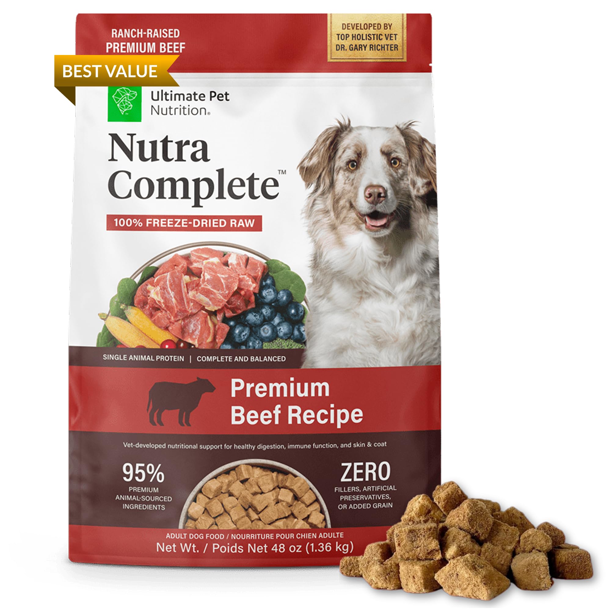 Ultimate Pet Nutrition Nutra Complete beef bites offer high-protein nutrition for tasty training rewards and daily energy.