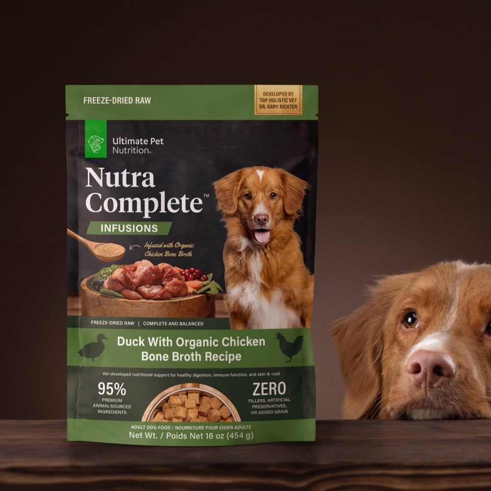 ULTIMATE PET NUTRITION Nutra Complete bone broth duck ready-to-serve mix.
