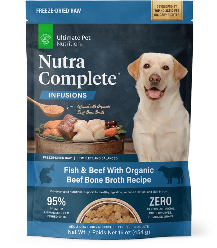 ULTIMATE PET NUTRITION Nutra Complete Bone Broth Fish bag highlights nutrient-dense ingredients for dogs