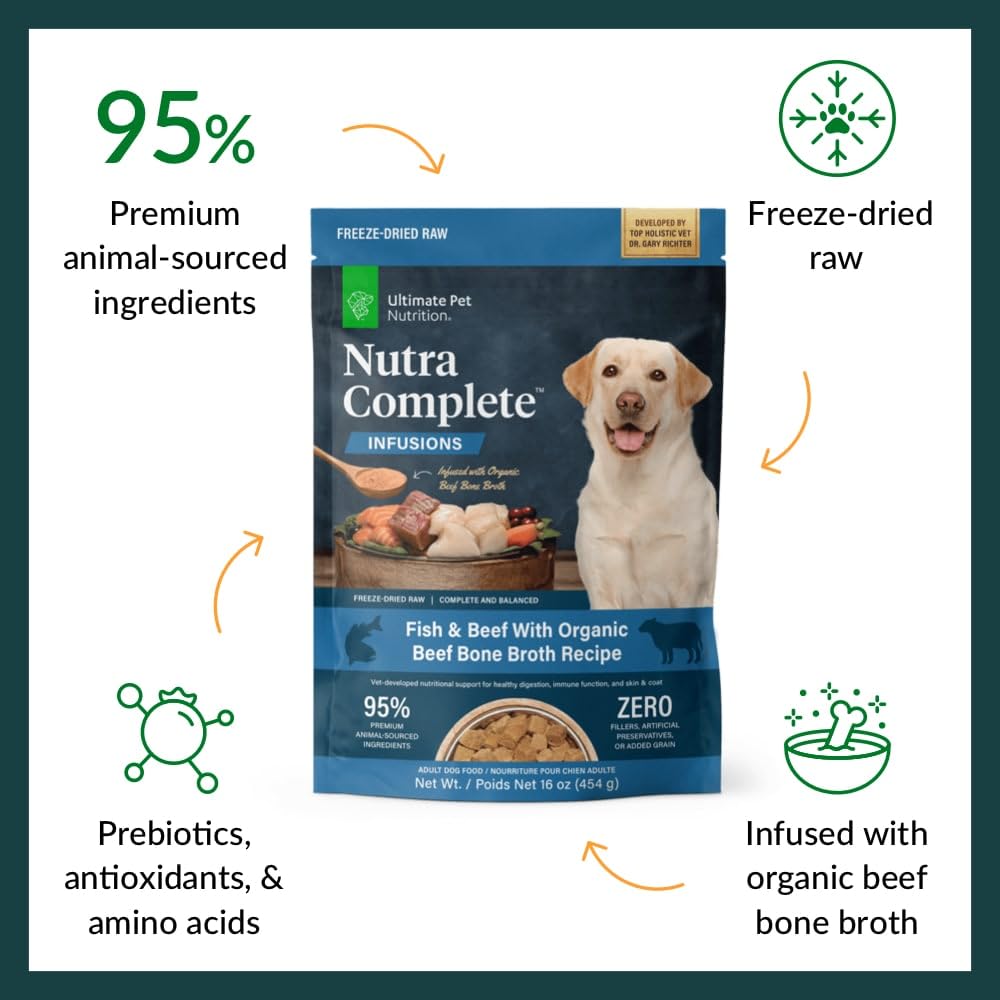 ULTIMATE PET NUTRITION Nutra Complete Bone Broth Fish pieces showcase convenient freeze-dried nutrition