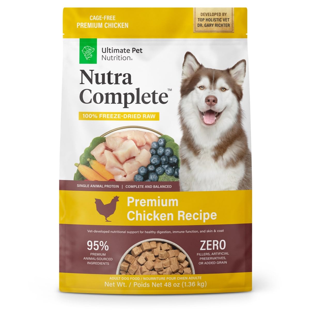 Nutra Complete chicken ingredients illustrate high-quality protein for digestion.