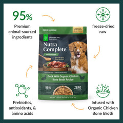 Ultimate Pet Nutrition Nutra Complete Infusions duck chunks close up highlight protein rich ingredients.