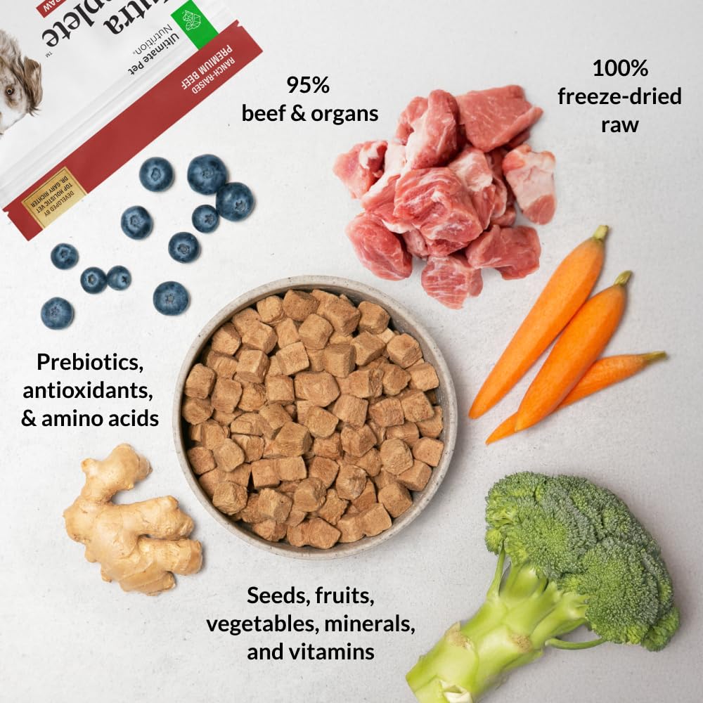 Ultimate Pet Nutrition Nutra Complete freeze-dried bites, close-up texture, convenient protein source.