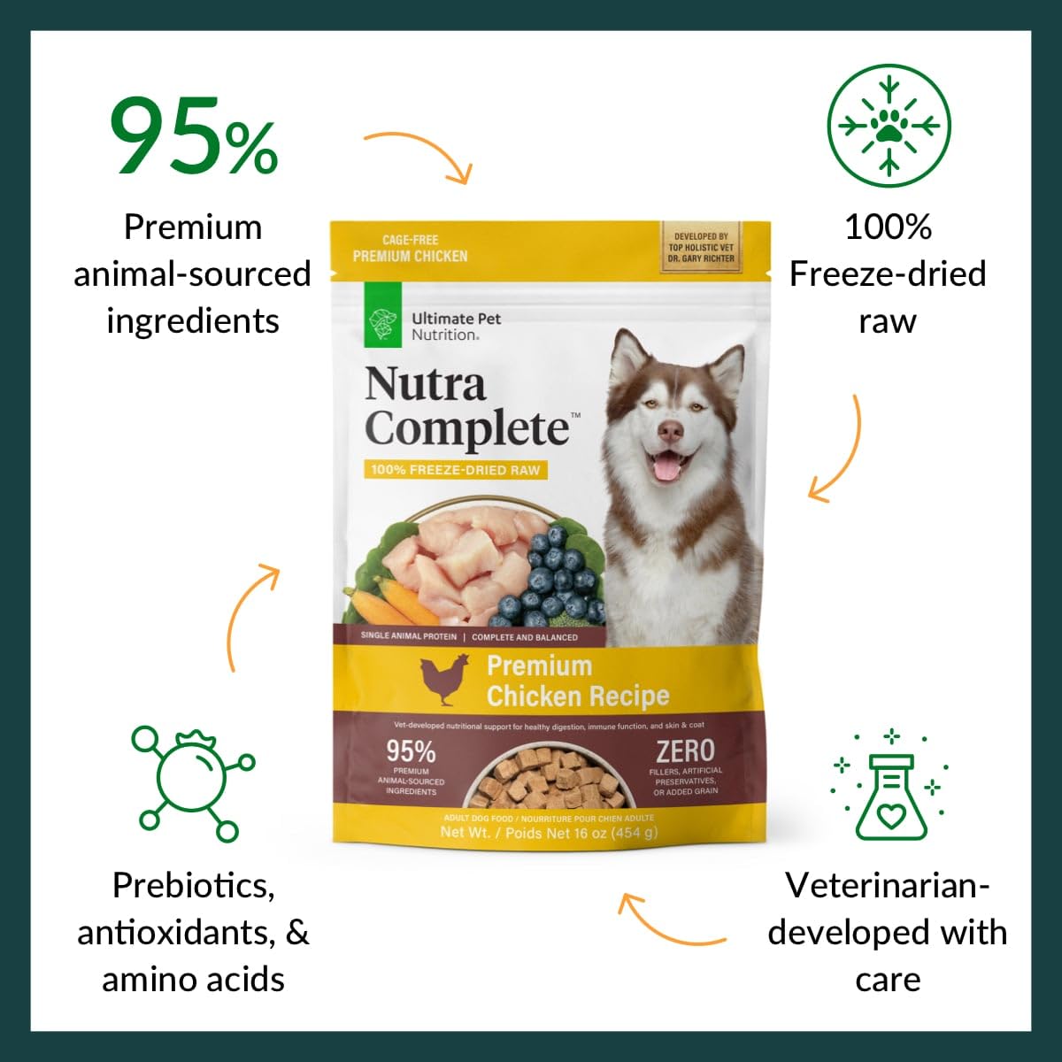 ULTIMATE PET NUTRITION Nutra Complete freeze-dried chicken pieces deliver easily digestible protein.
