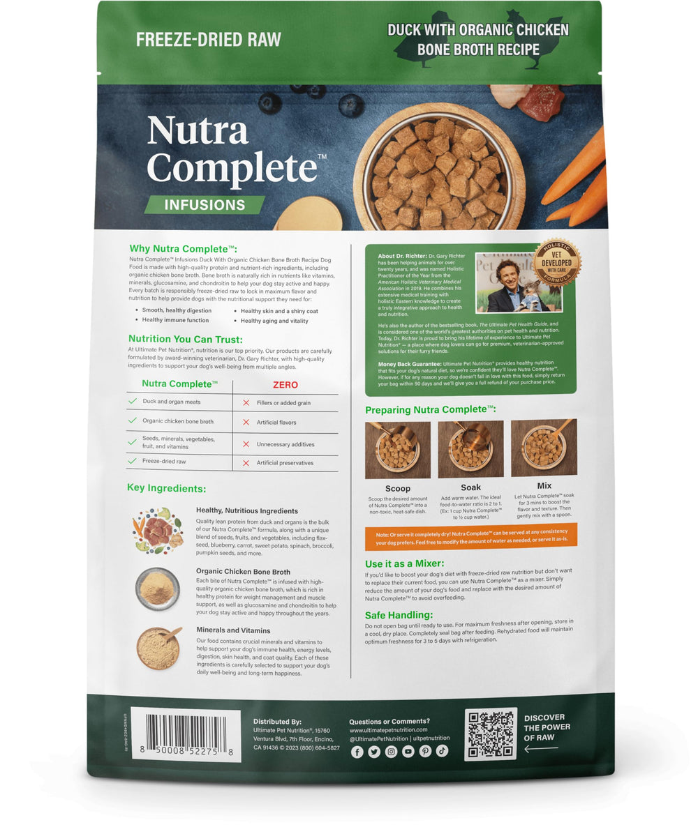 Ultimate Pet Nutrition Nutra Complete Infusions freeze dried raw duck preserves nutrients.