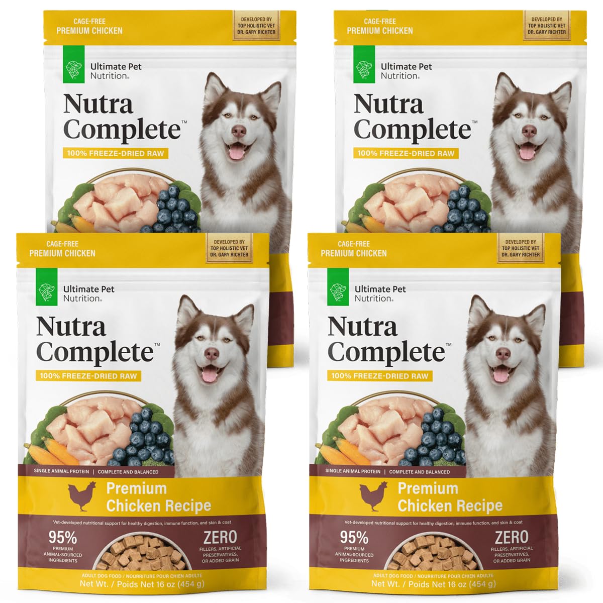 ULTIMATE PET NUTRITION Nutra Complete 4-pack chicken bags offer convenient premium raw nutrition.