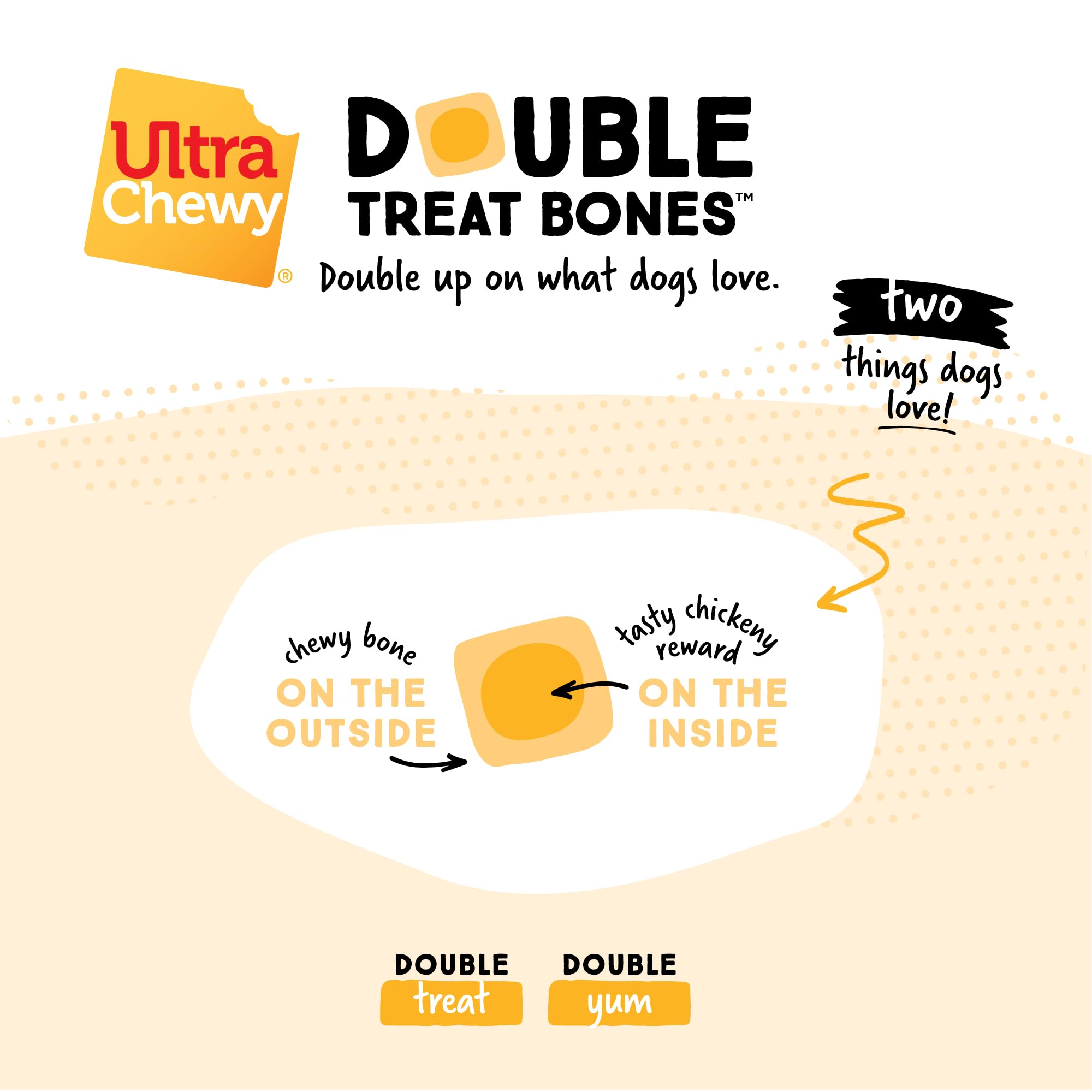 Ultra Chewy Chicken Double Treat Bones promotes dental health through steady chewing sessions.