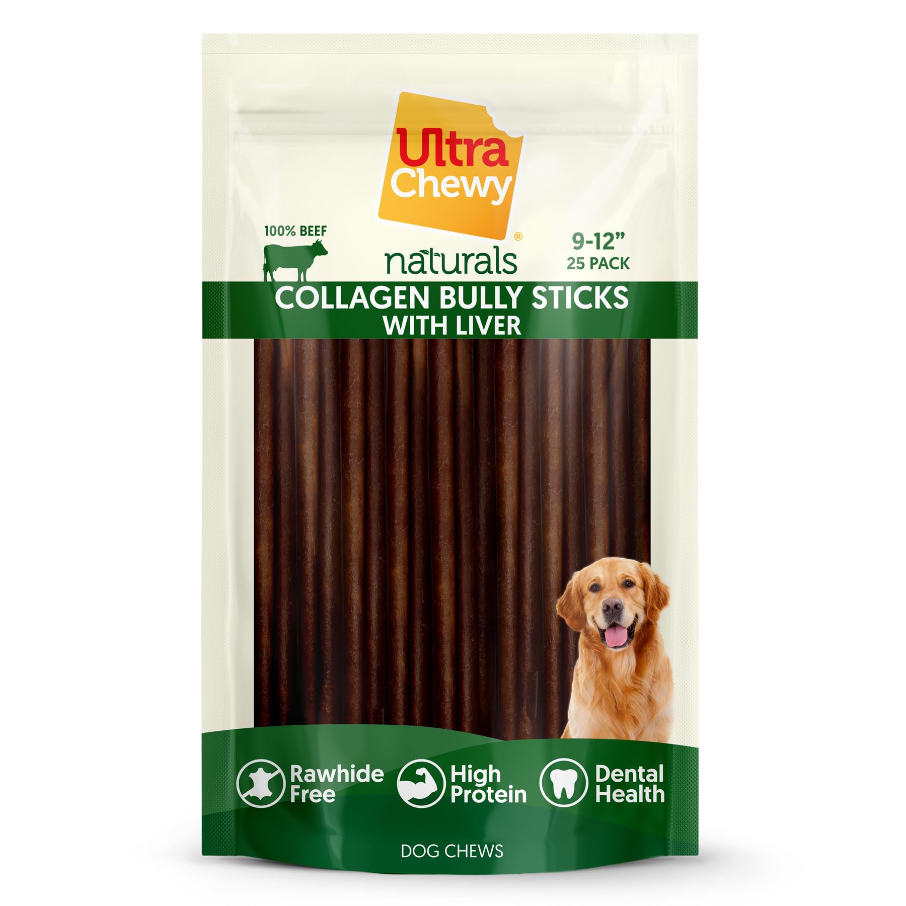 Ultra Chewy collagen sticks natural ingredients label emphasizes high-quality collagen